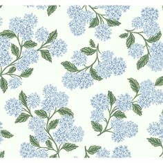 blue flowers and green leaves are on a white wallpaper with light blue background, which is very similar to the lilacs