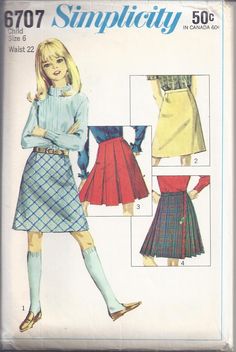 Simplicity 6707; ©1966; Girls' Set of Skirts: A-line skirt V1 & V2 has side zipper and elastic encased in back of waistband. V1 is cut on bias. V3 skirt with box pleats has side zipper and elastic encased in back of waistband. Kilt-type skirt V4 has top-stitched, pressed pleats, elastic encased in back of waistband and decorative pin and fringe trim. Measurements  Waist 22  Hip 26 Size 6 See pattern envelope back for fabric requirements. Vintage pattern from 1966 is in excellent condition.   Pattern has been used, is complete and is printed.  Comes with printed instructions.  For some information on how to change a pattern to make it fit: http://www.threadsmagazine.com/item/4424/quick-reference-for-cut-and-spread-pattern-grading Retro Sewing Patterns, 60s 70s Fashion, Trendy Skirts, Skirt Patterns Sewing, Motif Vintage, Sewing Skirts