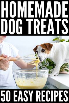 a dog standing next to a person in front of a bowl filled with food and whisk