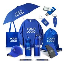 an umbrella, hat, and other items are shown in this promotional image with the company's logo on it