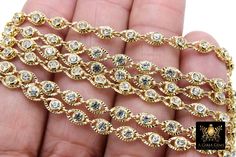 CZ Evil Eye Shapes, Chain By The Yard, Genuine Cubic Zircon Bezel Chains Gold Plated, 4.5 x 7.0 mm CZ Connectors Links - Soldered Conversion: 3 Feet is equal to 1 Yard. Approximately 2 CZ Bezels per inch. It's really a stunning chain for any of your jewelry projects. There are 4 mm cubic zirconia. These have a soldered linking ring in between each link so that you have no waste. Cut the linking ring off and use the individual connectors for earring parts, bracelet links, necklaces, just an endle Linking Rings, Toggle Bracelet, Cz Jewelry, Eye Shapes, Necklace Sizes, Gold Filled Chain, Jewelry Projects, Jewelry Bags, Evil Eye