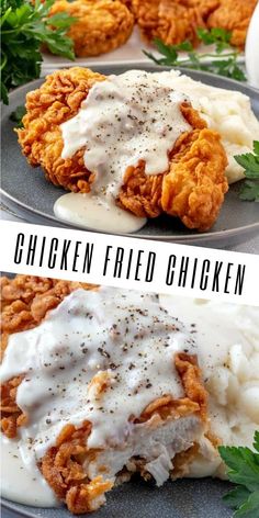 chicken fried in gravy and mashed potatoes on a plate