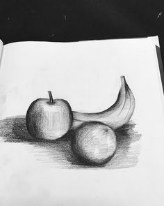 pencil drawing of two apples and one banana