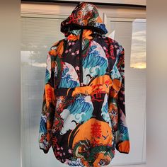 Reason Pullover Windbreaker With Tiger And Kanji Dragon Asian Print In Size Large. Half Zip Windbreaker. Limit Edition Print. Eleastic On Wrists And Waist. 2 Side Pockets. Nwot. Measures 22" Across Chest Casual Orange Long Sleeve Windbreaker, Orange Windbreaker With Pockets For Fall, Orange Windbreaker For Fall Streetwear, Casual Orange Hooded Outerwear, Casual Orange Windbreaker For Outdoor, Orange Fall Windbreaker With Pockets, Orange Hooded Windbreaker For Fall, Orange Hooded Windbreaker With Pockets, Orange Windbreaker With Pockets For Streetwear