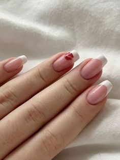 Red Kiss Nail Designs, French Tip Nails With Kisses, French Nails With Red Design, Valentines Nails Ballerina Shape, Ballerina Nails Valentines Day, Ballerina Valentines Nails, Kisses Nail Art, White French With Red Design, Kiss Design Nails