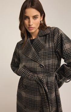 Make a statement in this stylish plaid trench coat, featuring a classic double-breasted button front and a chic separate tie at the waist for a customizable fit. This long-sleeve, collared coat is detailed with flap pockets, blending functionality with an effortlessly stylish vibe that's perfect for any season. Z SUPPLY Women's Jackie Plaid Trench, Latte, Large Plaid Outerwear With Lapel Collar And Double Button, Classic Plaid Long Coat, Double-breasted Plaid Outerwear For Fall, Plaid Double-breasted Houndstooth Outerwear, Plaid Double-breasted Outerwear For Business, Plaid Double-breasted Outerwear For Work, Plaid Double-breasted Outerwear With Button Closure, Plaid Double-breasted Business Outerwear, Plaid Double-breasted Outerwear