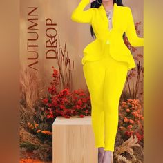 This Elegant Yellow Peplum Pant Set Is Perfect For Any Occasion. The Set Includes A Long-Sleeved Peplum Top With A V-Neckline And Snap Closure, Paired With Straight-Leg Pull On Pants. The Set Is Ideal For Travel, Weddings, Casual Outings, Formal Events, Workwear, And Business Settings And . Perfect For The Summer, Fall, And Spring Seasons. Price Firm Fitted Yellow V-neck Sets, Peplum Pants, Pant Set, Spring Season, Pull On Pants, Summer Fall, Formal Event, Snap Closure, Peplum Top