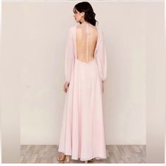 Nwt Yumi Kim Love Affair Maxi Dress In Color Blush Spring Pink Maxi-length Backless Dress, Spring Prom Backless Long Dress, Spring Prom Long Backless Dress, Pink Flowy Backless Dress, Feminine Backless Bridesmaid Dresses, Spring Wedding Long Backless Dress, Feminine Backless Dress For Spring Prom, Long Sleeve Backless Dress For Spring Formal, Feminine Spring Backless Prom Dress