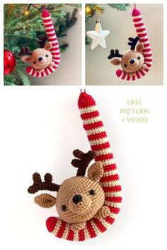 a crocheted reindeer ornament hanging from a christmas tree with the words free pattern and video below it