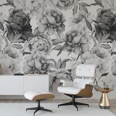 an elegant floral wallpaper with black and white flowers