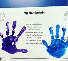 two handprints are shown on a sign with words written in blue and purple