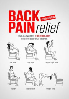 the back pain relief poster shows how to do it in different positions, including sitting and standing