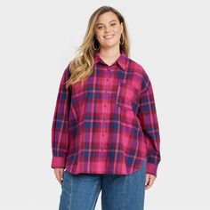 This Oversized Flannel Long-Sleeve Collared Button-Down Shirt from Universal Thread™ makes a versatile addition to your wardrobe. Made from midweight cotton, this collared shirt features a front button placket, long sleeves with buttoned cuffs, a patch pocket on the chest and a box-pleat back yoke for classic touches. The oversized fit and shirttail hemline complete the design, allowing you to wear it tucked in, untucked, layered open and unbuttoned, or with rolled-up sleeves. Universal Thread™: Oversized Red Long Sleeve Flannel Shirt, Oversized Pink Shirt For Fall, Oversized Long Sleeve Flannel Shirt With Buttons, Oversized Flannel, Long Sleeve Flannel, Collared Shirt, Pink Plaid, Universal Thread, Shop Blouses