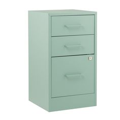 a light green filing cabinet with three drawers