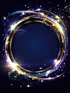 a blue background with gold stars and sparkles in the shape of a circle on it