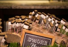 an image of some food on sticks in front of a sign that says smore d'oeuvres