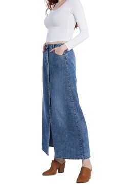 This everyday skirt is cut from soft, nonstretch denim and styled in a flowy longline silhouette with an exposed-button fly. 39" length Exposed-button fly Front scoop pockets 100% cotton Machine wash, tumble dry Imported Spring Medium Wash Denim Maxi Skirt, Spring Denim Maxi Skirt In Medium Wash, Denim Blue Relaxed Fit Long Skirt, Spring Denim Maxi Skirt, Dark Wash High Rise Maxi Skirt For Spring, High Rise Dark Wash Maxi Skirt For Spring, Spring High Rise Dark Wash Maxi Skirt, High-rise Dark Wash Maxi Skirt For Spring, Chic Denim Blue Maxi Skirt For Spring