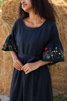 Colors & hand-embroidered patterns can be CUSTOMIZED or DESIGNED entirely to your specifications. It can be ANYTHING!  -------- With exquisite hand-embroidered flowers on sleeves, our linen dress MIRA becomes extremely stunning, the ideal choice for any event. Handmade in our studio to your specific measurements and preferences, with a variety of color possibilities. ✓DETAILS - Unique: Completely hand-embroidered, with dedication, ingenuity and creativity, creating harmony and sophistication, di Luxury Fitted Cotton Embroidered Dress, Cheap Embroidered Hem Dress For Summer, Floor-length Embroidered Dress For Garden Party, Embroidered Floor-length Dress For Garden Party, Fitted Resham Embroidered Maxi Dress For Summer, Summer Wedding Maxi Dress With Resham Embroidery, Summer Wedding Dress With Embroidered Sleeves, Spring Maxi Dress With Resham Embroidery, Summer Floor-length Dresses With Intricate Embroidery