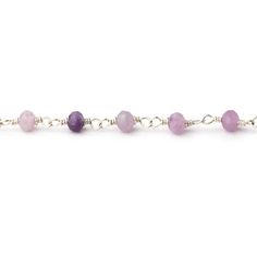 Sugilite micro faceted rondelle beads on Silver plated Hand Wrapped Chain is sold by the foot and measures approximately 4mm with around 31 beads per 12 inch increment. Our line of custom manufactured chain is hand wrapped between each bead to create a consistent measure and are sturdy enough to hold pendants and can be used in an array of design styles. Purple Beaded Chain Bracelet With Round Beads, Purple Beaded Chain Bracelets With Round Beads, Amethyst Beaded Chain For Jewelry Making, Wire Wrapped Round Beads For Jewelry Making, Amethyst Spacer Beads Jewelry, Purple Wire Wrapped Beaded Bracelets, Purple Wire-wrapped Necklaces With Round Beads, Purple Wire Wrapped Necklaces With Round Beads, Hand Wrap