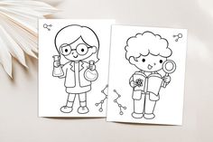 two coloring pages with black and white illustrations of children holding beaks, one girl looking through a magnifying glass while the other boy holds a flask