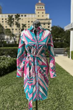 Averardo Bessi Belted Cotton Dress in Record 005 available at Mildred Hoit in Palm Beach. Vibrant Print V-neck Cotton Dress, Striped Cotton Button-up Dresses, Multicolor Printed Button-up Dress, Shower Cap, Sun Shirt, Tunic Sweater, Animal Pillows, Cotton Dress, Scarf Shawl