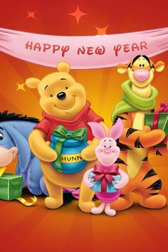 winnie the pooh and friends with a happy new year banner in the back ground