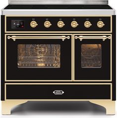 a black and gold stove with two ovens