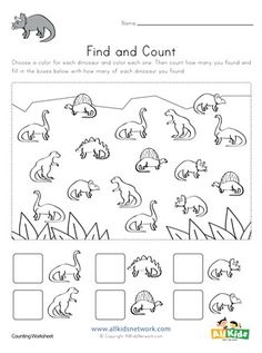 a printable worksheet to help kids learn how to find and count dinosaurs