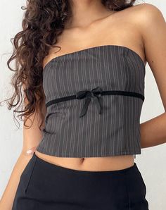 Image of Leggy Tube Top in Grey Pinstripe Cheap Pinstripe Tops With Button Closure, Cheap Pinstripe Tops For Spring, Luxury Pinstripe Tops For Women, Cheap Striped Party Tops, Secret Closet, Curved Neckline, Strappy Top, Party Dress Long Sleeve, Bandeau Dress