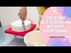 a person cutting a cake on top of a red and white plate with the words amazing copycat sam's club buttercream frosting recipe