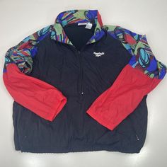 Vintage Reebok 1990’s Windbreaker Wild Print Color Block Size L Black Red 27” Armpit To Armpit 26” Length Multicolor Track Jacket For Streetwear, 90s Multicolor Track Jacket For Streetwear, 90s Multicolor Sports Outerwear, Wild Print, 90s Windbreaker, Coats Vintage, Vintage Reebok, Vintage Jackets, Vintage Jacket