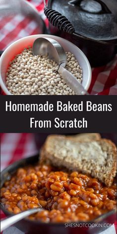 homemade baked beans from scratch in a skillet with bread and spoons on the side