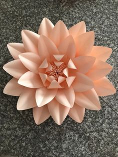 a large pink flower sitting on top of a gray floor next to a black and white wall