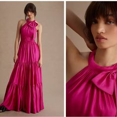 Mac Duggal Satin Fabric (100% Polyester) Fully Lined Through Body Halter Neckline Sleeveless Statement Bow At Neckline Ruffled Tiered Skirt Concealed Back Zipper Approx. 62.5" From Top Of Shoulder To Bottom Hem Available In Fuchsia (Pink) Style #506581 Bust: 38" Waist: 30" Hips: 41" Fuschia Evening Dress, Halter Neck Gown, Mac Duggal Dresses, Dress Inspo, Mac Duggal, Pink Style, Fuchsia Pink, Size 8 Dress, Halter Neckline