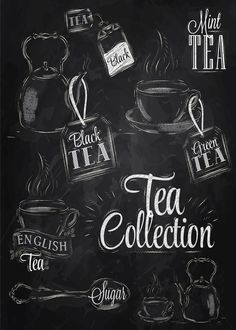 a chalkboard with tea related items drawn on it