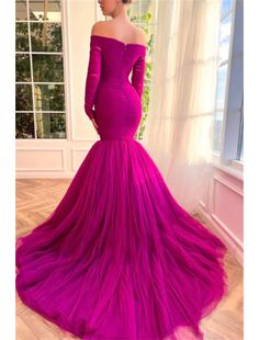 Mermaid Christmas Red Green Dress Evening Gown Elegant Dress Wedding Guest Wedding Party Court Train Long Sleeve Off Shoulder Tulle with Ruched Fuschia Wedding Dress, Hollywood Prom, Spell Dress, Robe Fuchsia, Fuschia Wedding, Off Shoulder Tulle, Red Green Dress, Teuta Matoshi, Chic Evening Dress