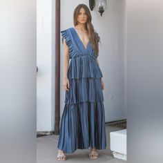 Strut And Bolt, Deep Blue, Silky Pleated Tiered Layer Ruffle, Tie Back, Deep V Neck Dress, Elastic Stretchy Waist Size Medium Blue V-neck Tiered Dress With Ruffle Hem, Chic Blue V-neck Ruffle Dress, Blue V-neck Ruffle Dress For Summer, Elegant Blue Tiered Dress With Ruffles, Fitted Blue Tiered Dress With Ruffle Hem, Blue Fitted Tiered Dress With Ruffle Hem, Flowy Blue Ruffle Maxi Dress, Chic Blue Ruffle Dress With Ruffled Skirt, Chic Blue Dress With Ruffled Skirt