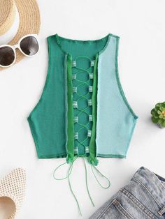 [26% OFF] 2021 Mesh Panel Reverse Stitching Lace Up Two Tone Tank Top In GREEN | ZAFUL Reworked Clothes, Patch Shirt, Patchwork Top, Romper With Skirt, Gray Green, Online Clothing Stores, Knitting Designs