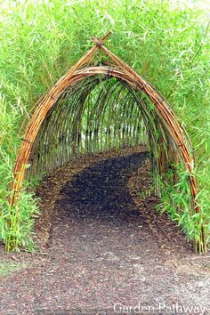 an arch made out of bamboo sticks in the middle of a path surrounded by tall grass