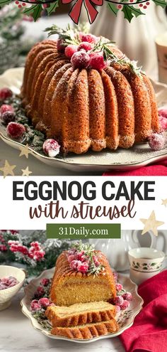 an eggnog cake on a plate with the title above it