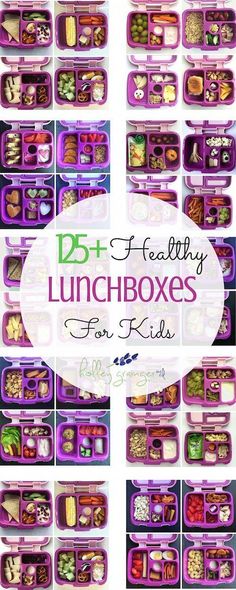 lunch boxes filled with lots of different types of food and the words 25 + healthy lunchboxes for kids