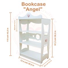 the bookcase is white and has two shelves on each side, with pink hearts at the top