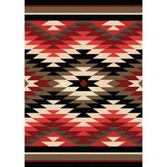 an area rug with red, black and white designs on the front side of it