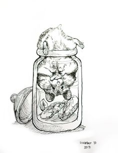 a drawing of a cat in a glass jar