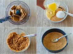 four pictures showing how to make an individual dessert in a blender or food processor