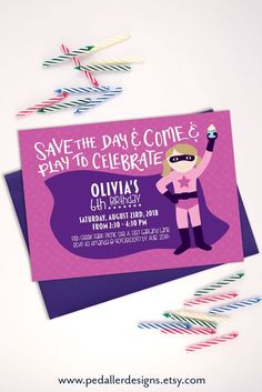 a birthday party card with a cartoon character holding a sparkler and wearing a cape