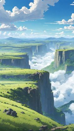 an anime landscape with mountains and clouds in the sky