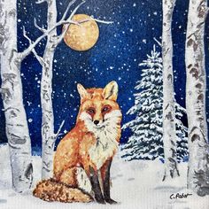 a painting of a fox sitting in the snow