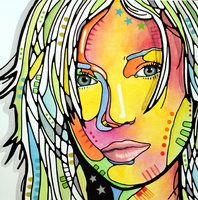 a drawing of a woman's face with multicolored lines on her hair