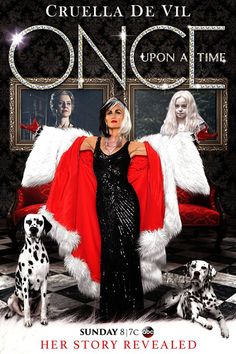 the poster for cruela de vil once upon at time, featuring two women in costumes